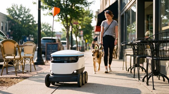 Autonomous Delivery Robot Rolling on City Sidewalk