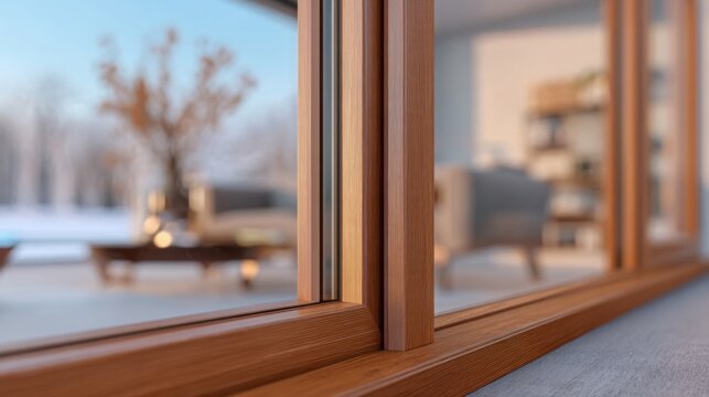 close up of a modern triple glazed energy efficient window frame with detailed airtight seal visible in the foreground, softly blurred warm