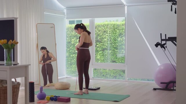 Rear view people young adult asian woman self measure waist size shape lean body mass index fat by tape track weight loss perimenopause life anti aging diet preventive modern medicine asia health care