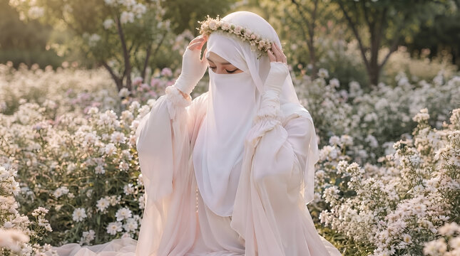 Muslim woman in white niqab and floral crown posing in a blooming