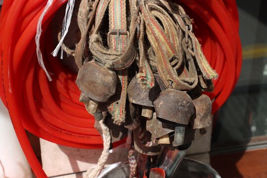 Old, small metal bells. The bells are tied around the necks of sheep, goats, and calves.