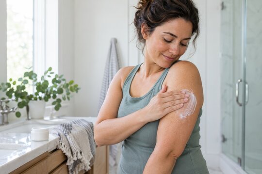woman applies cream to keratosis pilaris in a bright bathroom