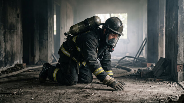 Firefighter wearing SCBA breathing apparatus and helmet crawling through a dark smoky burned building during a search and rescue operation.