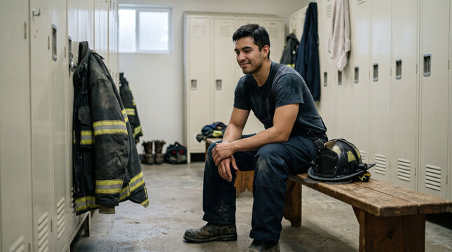 Tired male firefighter sitting on a wooden bench inside a fire station locker room with his helmet and turnout coat hanging nearby.