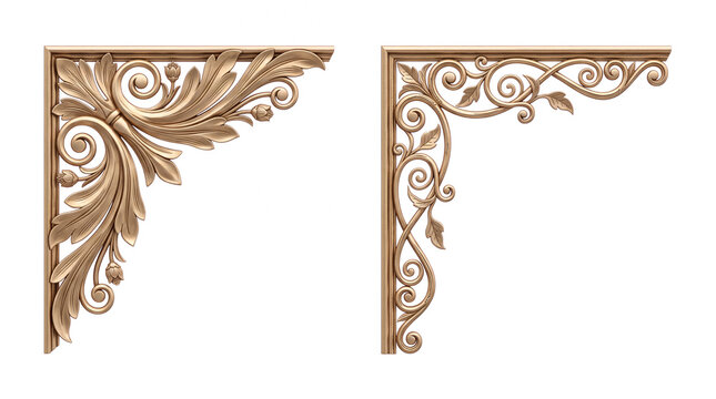 Decorative Gold Corner Ornaments with Intricate Floral Baroque Relief and Filigree Scrolls Isolated on Black Background for Luxury Border Design and Invitation Decor
