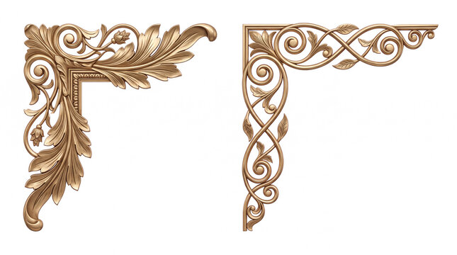 Ornate Gold Corner Border Elements Featuring Classic Baroque Floral Carvings and Acanthus Leaf Details Isolated on Black Background for Luxury Graphic Design Projects