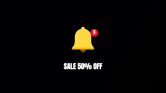 Animated Bell Notification Icon with Sale 50% Off Text, Yellow Bell Symbol with Red Badge Number 3, Promotional Offer Motion Graphic