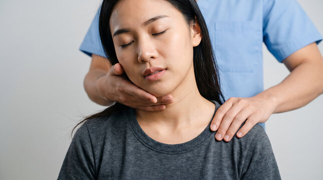 Physiotherapist in blue scrubs applying gentle neck and shoulder manipulation to Asian woman with closed eyes during chiropractic treatment for pain relief and rehabilitation