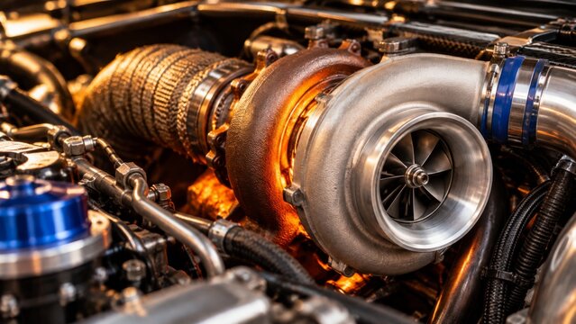 Close-up view of a high-performance car engine with a turbocharger. The metal components show heat and intricate mechanical detail. This image highlights automotive engineering and power