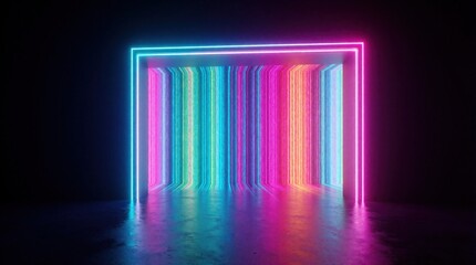 Fototapeta premium Futuristic neon portal with glowing colorful vertical lines. Bright cyan pink, orange light stripes create immersive digital tunnel. Abstract light installation in dark space serves as entrance to
