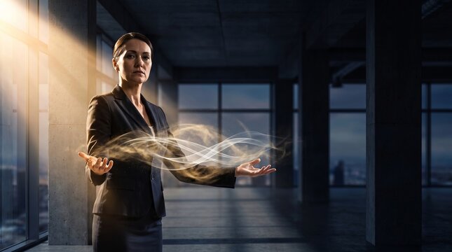      Executive Holding Luminous Digital Holographic particles in Modern Office,      Enterprise Cyber Security Data Protection and Risk Governance Concept