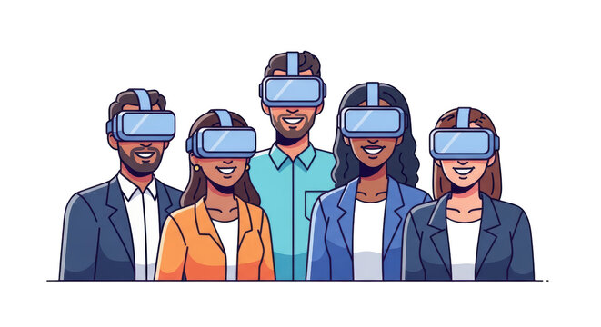Virtual reality business team wearing VR headsets, professional group in metaverse simulation, innovative digital training concept