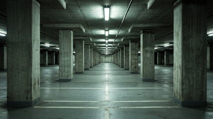 Fototapeta premium Empty Concrete Parking Garage With Symmetrical Pillars