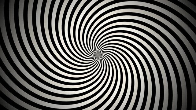 Hypnotic rotating sunburst motion graphics features black white stripes. retro psychedelic pattern spins smoothly loop.