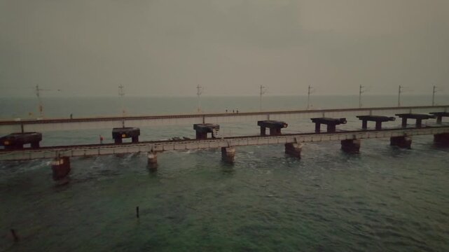 Old and New Pamban Railway Sea Bridges at Rameswaram, Tamil Nadu, India
