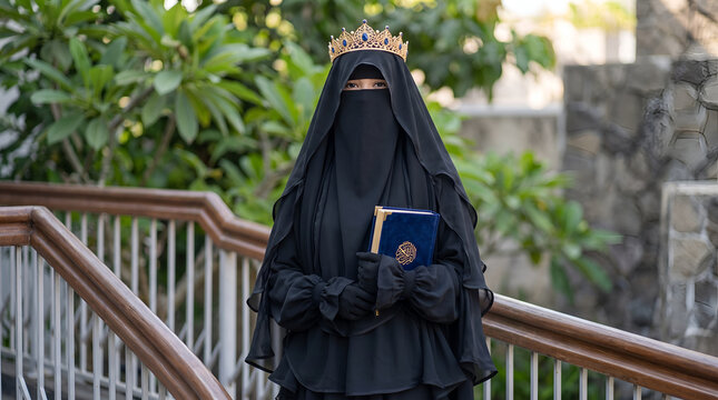 Muslim woman in black niqab and crown holding a holy book outdoors