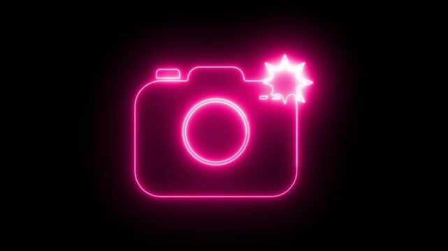 Neon pink camera icon with flash symbol glowing on a black background