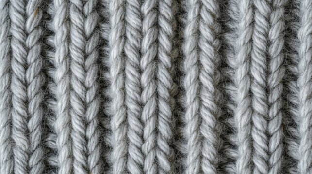 Full frame soft gray fisherman rib knitted background, thick chunky wool yarn, perfectly parallel symmetrical rows, dense luxurious texture, subtle