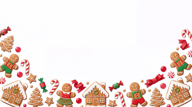 Festive Christmas Gingerbread Cookie Border with Gingerbread Men, Houses, and Candy Canes on a Solid Black Background, Creative Holiday Frame with Copy Space for Marketing and Seasonal Design.