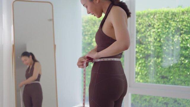 Rear view people young adult asian woman self measure waist size shape lean body mass index fat by tape track weight loss perimenopause life anti aging diet preventive modern medicine asia health care