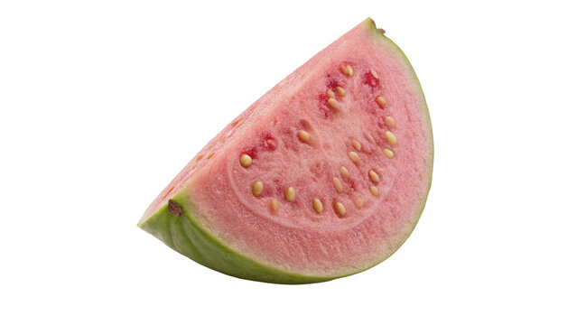 Fresh ripe pink guava fruit cut in half isolated on transparent background