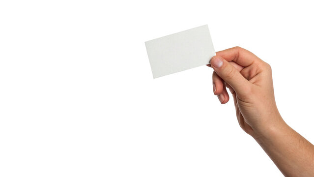 Human hand holding blank white business card template isolated on transparent background