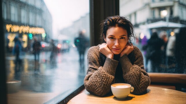 stylish woman in her 30s sitting close to the camera at a cozy modern table, both hands wrapped around a steaming cup of coffee, relaxed natural