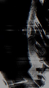 Abstract black and white glitch background with fragmented pixel sorting and horizontal scanline distortion scanning on a seamless loop. Drops into a retrofuturism poster and synthwave VJ loop.