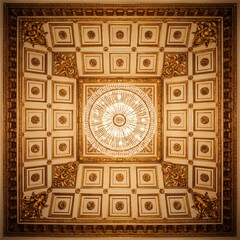 Obraz premium Ornate Coffered Ceiling With Gilded Details and Chandelier