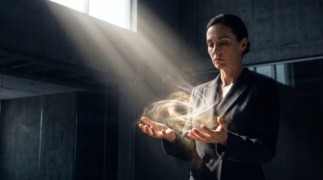      Executive Holding Luminous Digital Holographic particles in Modern Office,      Enterprise Cyber Security Data Protection and Risk Governance Concept