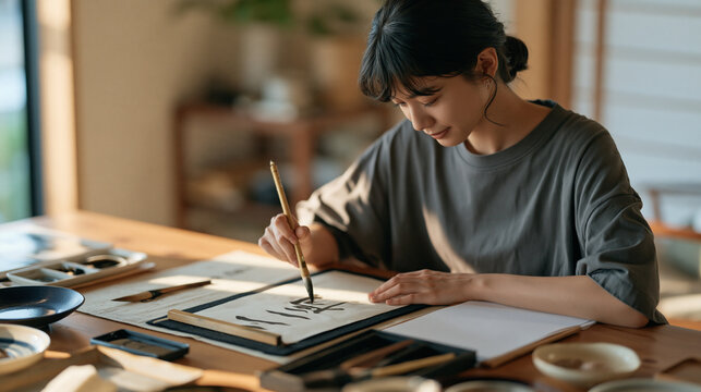 Wide view of a Japanese woman practicing calligraphy alone in a spare sunlit room, each brushstroke deliberate and meditative, skill mastery concept, patience and focus,