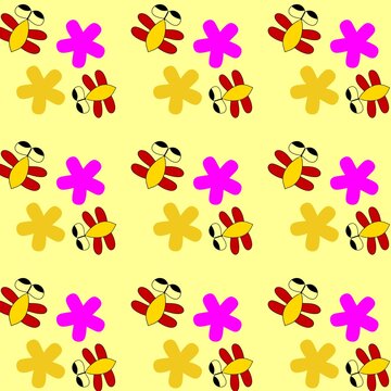 Playful seamless pattern featuring colorful bees and simple flowers on a bright yellow background, ideal for children's products, stationery, textiles, packaging, and cheerful decorative designs.