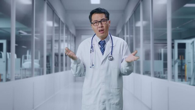 Asian Male Doctor Showing Puzzled Gesture And Saying What In A Hospital Corridor