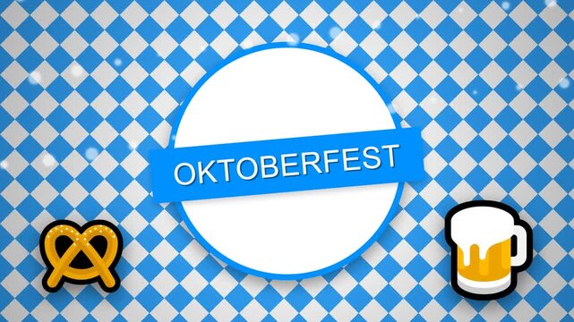 Oktoberfest blue checkered background with beer and pretzel graphics for festive celebrations.