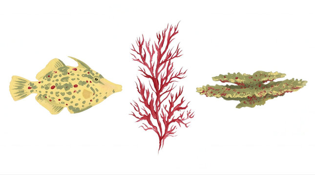 This illustrated scene showcases a vibrant fish characterized by its unique spot pattern, alongside a bright red coral and a detailed green algae structure, representing the diverse marine ecosystem