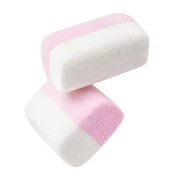 Two floating pink and white marshmallows, isolated on transparent cutout background