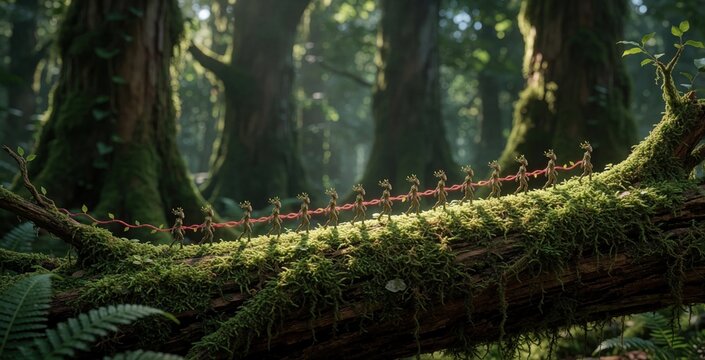Tiny miniature dryad people walk in line on mossy tree log in deep forest. Small fantasy creatures hold red rope during parade through enchanted woods. Macro view of little humanoid figures moving