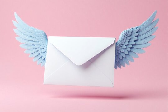 White envelope with light blue feathered wings flies on pink background. Concept of fast mail delivery, flying letter, sending quick message. Minimalist 3D render shows airborne postal communication,