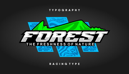 "Forest" racing-style typography evoking natural freshness, featuring a color combination of white, black, green, and blue. © Aldx