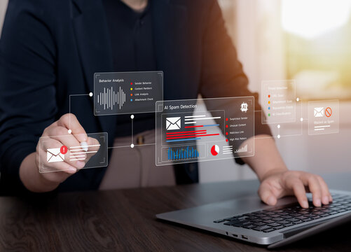 AI spam detection interface analyzing sender behavior, suspicious content, malicious links and attachments to identify threats and block unwanted email.