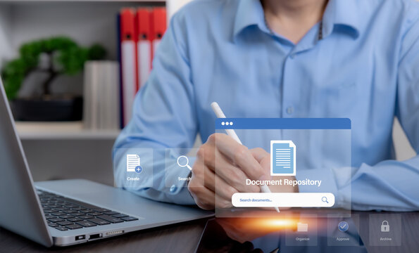 Document repository interface with a professional using a stylus to create, search, organize, approve and archive digital files, illustrating paperless document management.