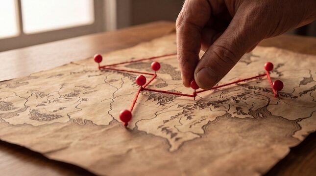 Hand Pinning Destinations on Vintage Map With Red String