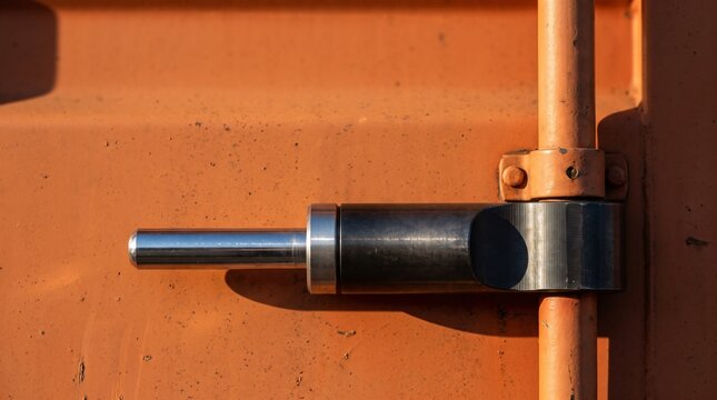 Extreme Close-Up of Heavy Duty Metal Bolt Security Seal on Corrugated Ocean Freight Shipping Container Door for Global Trade Cargo Protection and Port Logistics