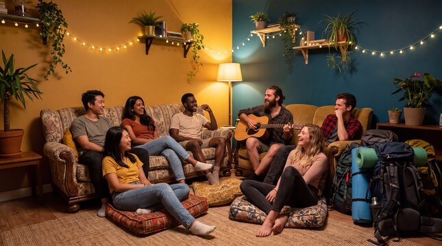 International Backpackers Chatting in Colorful Hostel Common Room