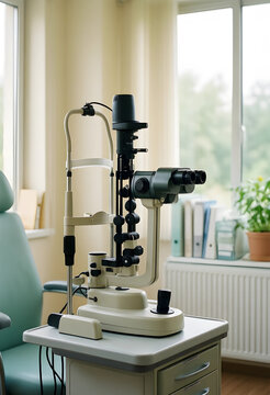 Ophthalmology and eye care diagnostics, slit lamp biomicroscope equipment in a modern optometry clinic for vision examination and medical health check