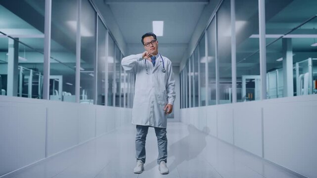 Full Body Of Asian Male Doctor Showing Thumbs Down Gesture While Standing In A Hospital Corridor