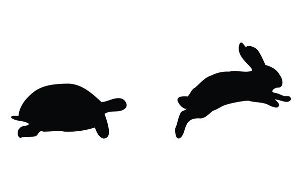 Black silhouette of a tortoise and running hare on a white background