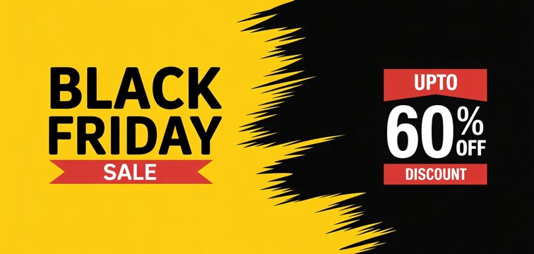 Black friday sale banner with sixty percent discount text on yellow and black abstract background
