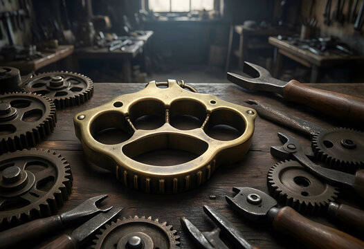 Violence and aggression concept, brass knuckles on a rustic wooden workbench with vintage mechanical gears and metal tools in a dark industrial workshop