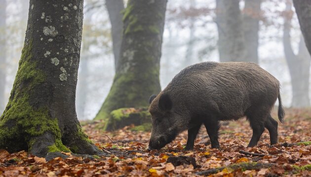 Wild boar foraging for food in autumn forest among fallen leaves and misty trees